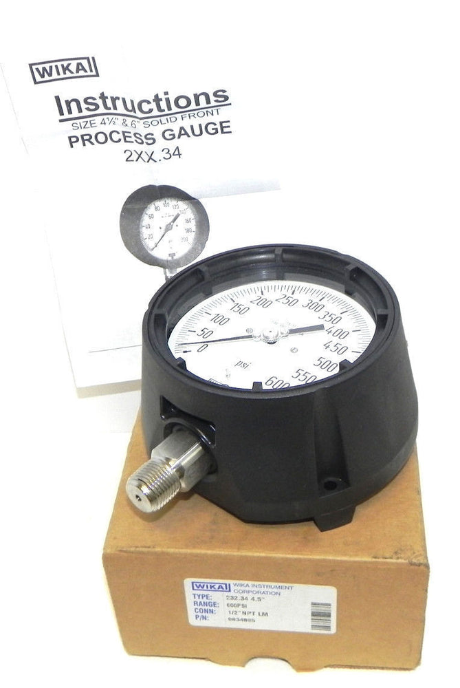 NIB WIKA 9834885 PROCESS GAUGE TYPE: 232.34 4.5'' RANGE: 600PSI CONN: 1/2'' NPT