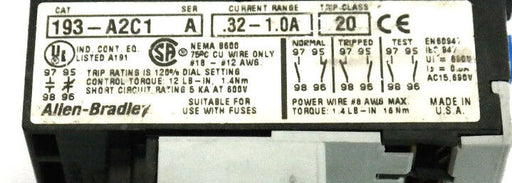 LOT OF 4 ALLEN BRADLEY 193-A2C1 OVERLOAD RELAYS 193A2C1, SER. A, TRIP CLASS 20