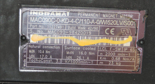 INDRAMAT MAC090C-0-KD-4-C/110-A-0/WI520LVS001 PERMANENT MAGNET MOTOR PARTS ONLY