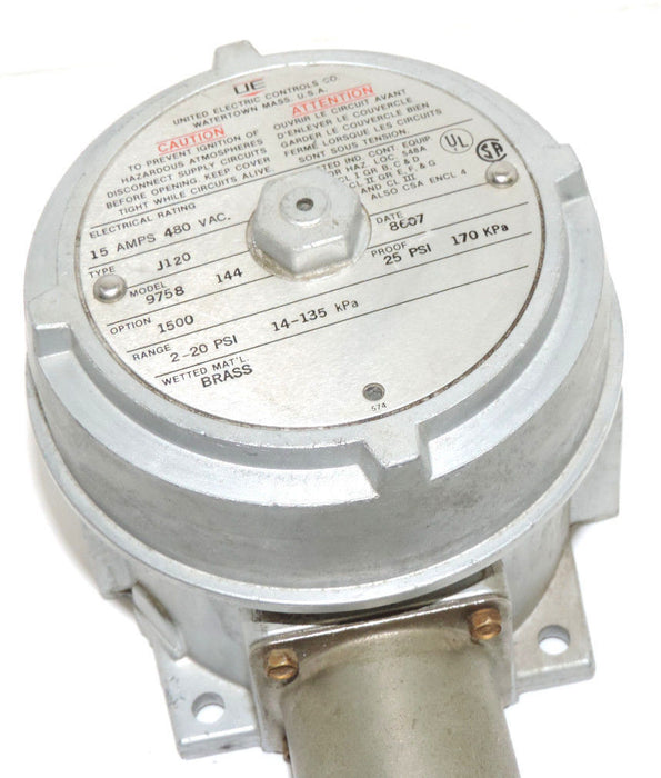 UNITED ELECTRIC CONTROLS CO. J120-9758-144 PRESSURE SWITCH 15AMPS, 480VAC