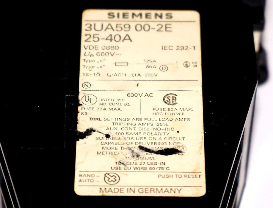 SIEMENS 3UA59-00-2E OVERLOAD RELAY 25-40A 3UA59002E
