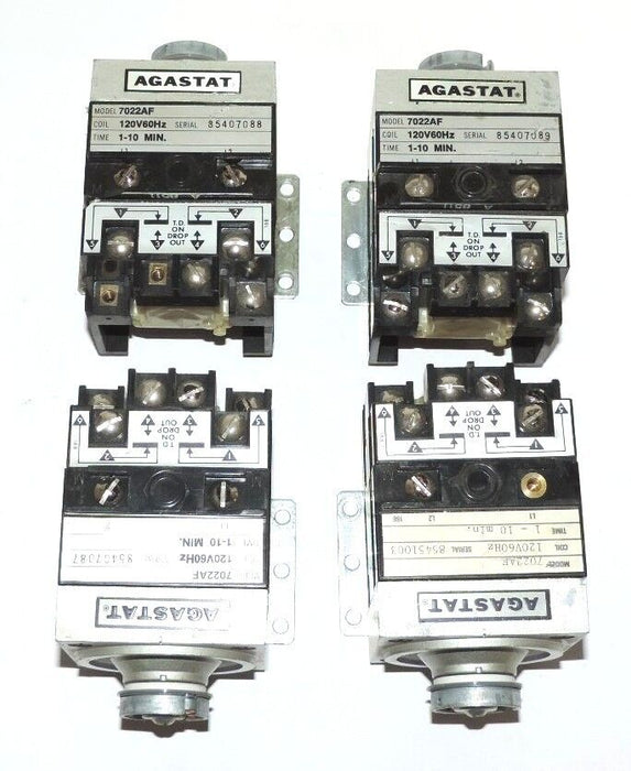 LOT OF 4 AGASTAT 7022AF TIME DELAY RELAYS, 120 V, 60 HZ, 1-10 MINUTES, W/O DIALS