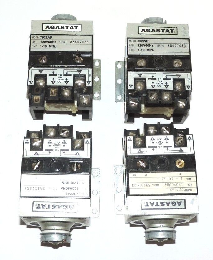 LOT OF 4 AGASTAT 7022AF TIME DELAY RELAYS, 120 V, 60 HZ, 1-10 MINUTES, W/O DIALS