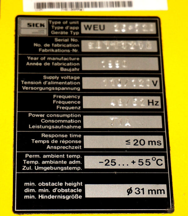 SICK WEU26-720 PHOTOELECTRIC SENSOR 110/120V 48/62HZ 7VA WEU26720