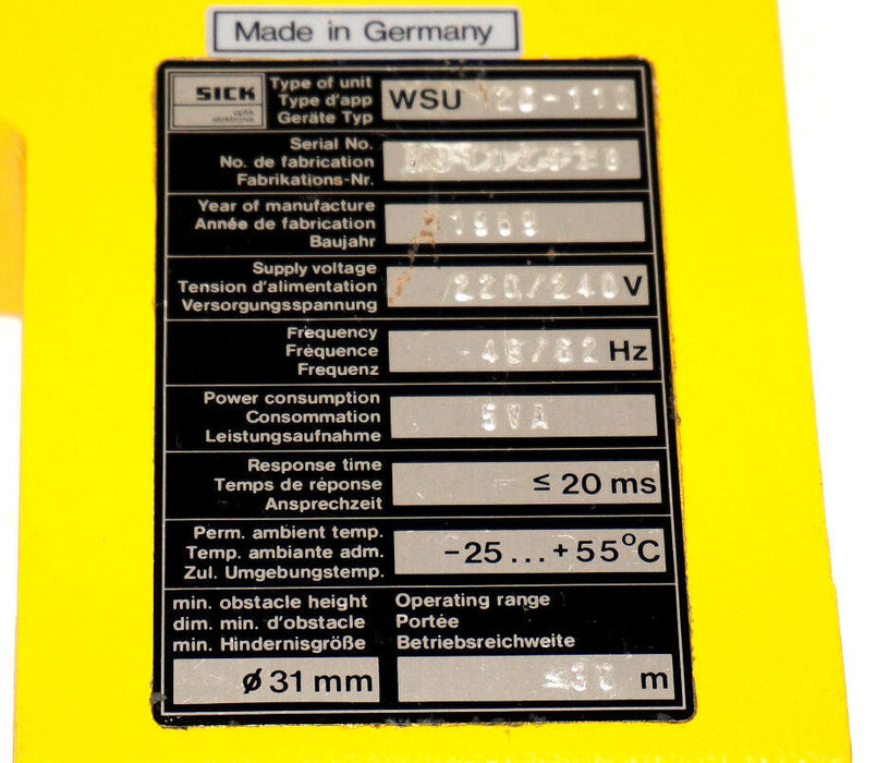 SICK WSU-26-110 PHOTOELECTRIC SENDER 220/240V 18/62HZ 5VAWSU26110