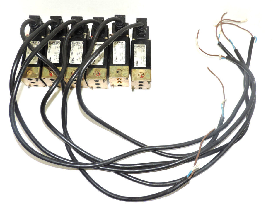 LOT OF 6 BURKERT 0331 SOLENOID VAVLVES WITH CNE MA6-V5 CONNECTOR CABLES