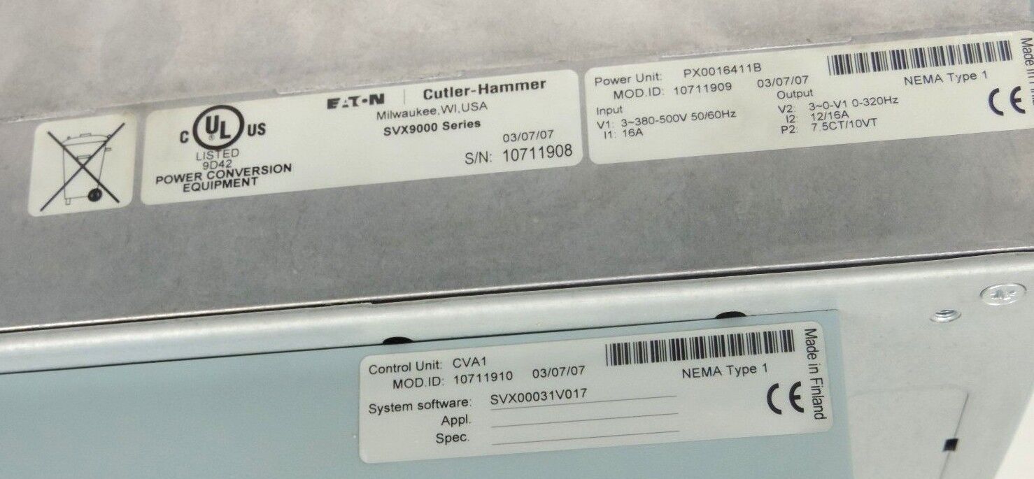 EATON CUTLER-HAMMER SVX007A1-4A1B1 DRIVE PU TYPE: PX0016411B CU TYPE: CVA1