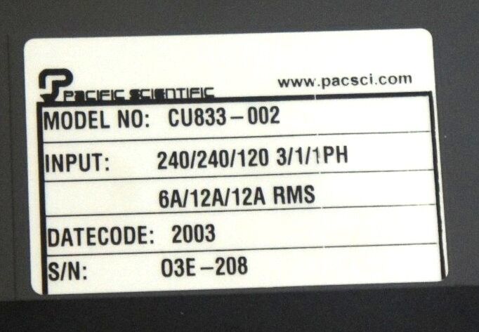 PACIFIC SCIENTIFIC PC800 MODEL: CU833-002 BRUSHLESS SERVO DRIVE CU833002