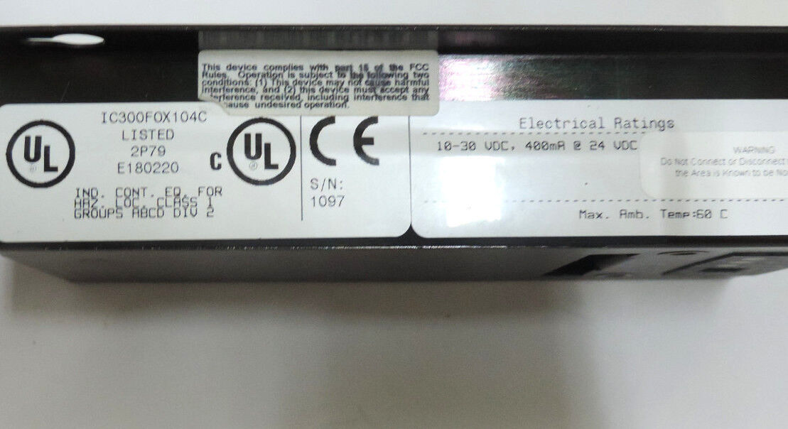 GE BASE IC300FOX104C FIBER OPTIC IN / OUT 10-30 VDC, 400mA @ 24VDC IC300FOX104