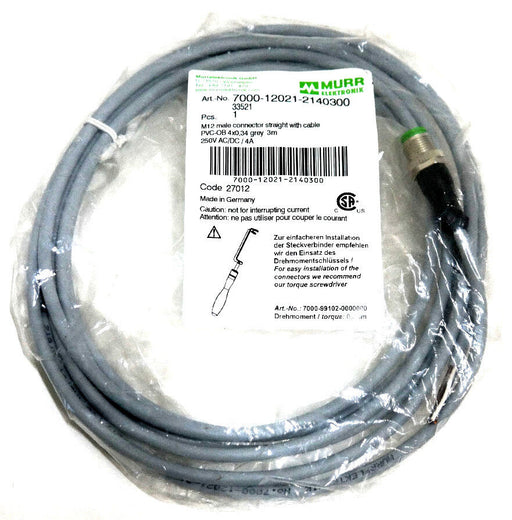 NEW MURR ELEKTRONIK 7000-12021-2140300, M12 MALE CONNECTOR STRAIGHT W/ CABLE