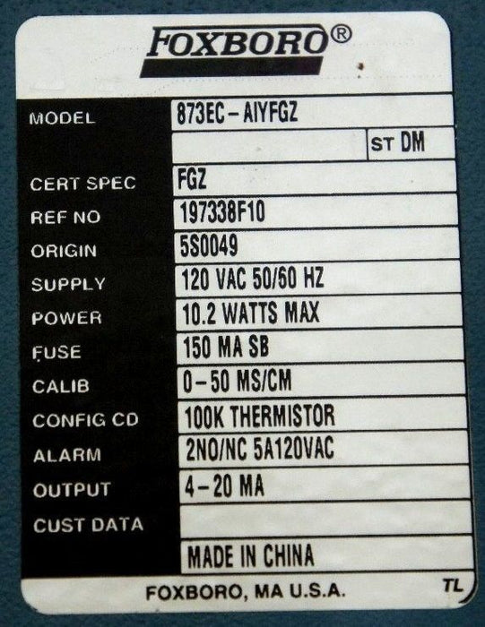 FOXBORO 873EC-AIYFGZ CONDUCTIVITY ANALYZER REF. NO. 197338F10, 873ECAIYFGZ
