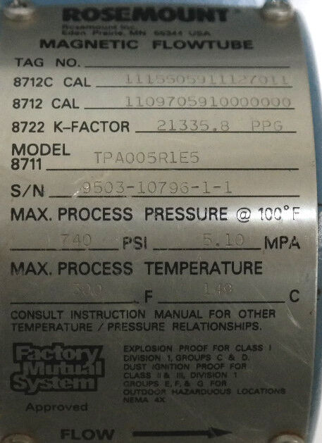 ROSEMOUNT 8711 MAGNETIC FLOWTUBE 8711TPA005R1E5, 740PSI 300F 5.10MPA