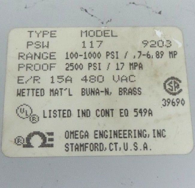 OMEGA PSW-117-9203 PRESSURE SWITCH TYPE PSW MODEL 117