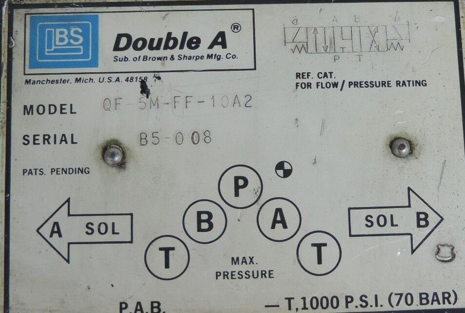 DOUBLE A QF-5M-FF-10A2 DIRECTIONAL VALVE 1000PSI 70 BAR QF5MFF10A2