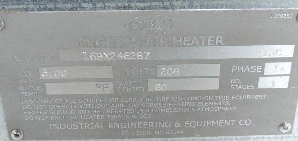 INDEECO PROCESS AIR HEATER CAT. NO. 169X246287, KW: 3.00 VOLTS: 208 PHASE: 1