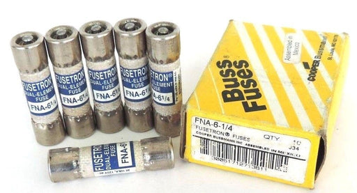 BOX OF 6 NEW COOPER BUSSMANN FNA-6-1/4 DUAL-ELEMENT FUSES 125V AC
