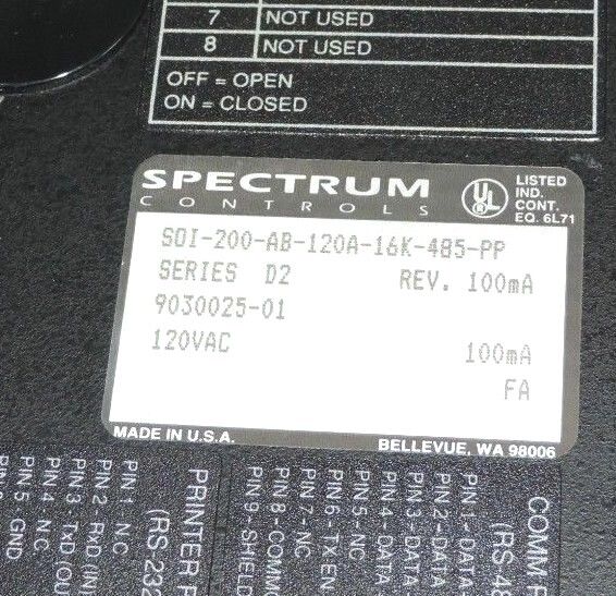 SPECTRUM CONTROLS SOI-200-AB-120A-16K-485-PP OPERATOR INTERFACE SER. D2 120 VAC