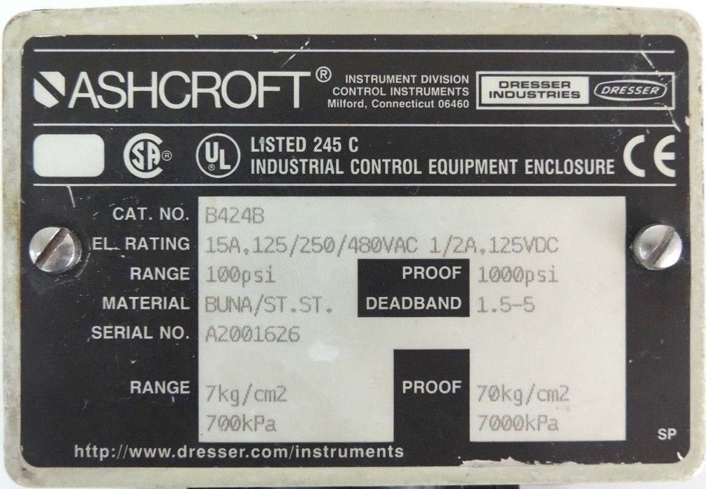 ASHCROFT B424B SNAP ACTION PRESSURE SWITCH , W/ TYPE 320, DIAPHRAGM 316L SENSOR