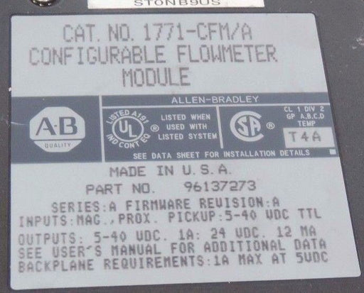 ALLEN BRADLEY 1771-CFM/A CONFIGURABLE FLOWMETER MODULE 1771CFMA, 1771-CFM