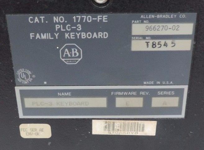 ALLEN BRADLEY 1770-FE PLC-3 KEYBOARD P/N 966270-02 F/W REV. E SER A 1770FE