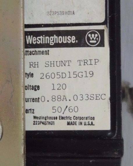 WESTINGHOUSE LBB3400NW CIRCUIT BREAKER W/ 2605D15G19 SHUNT TRIP ASSEMBLY