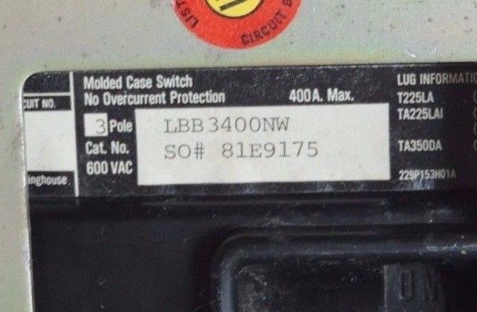 WESTINGHOUSE LBB3400NW CIRCUIT BREAKER W/ 2605D15G19 SHUNT TRIP ASSEMBLY