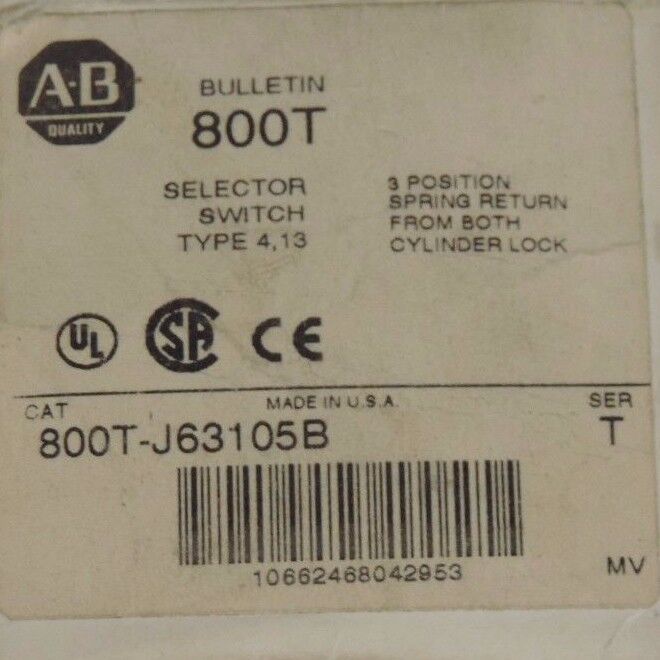 NIB ALLEN BRADLEY 800T-J63105B SER T SELECTOR SWITCH W/ 800T-XA CONTACTS SER D