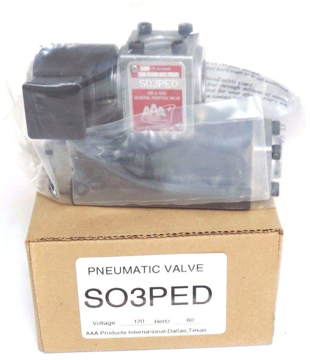 NIB AAA SO3PED PNEUMATIC VALVE 120V, 60HZ, 11W, 160 PSI MAX.