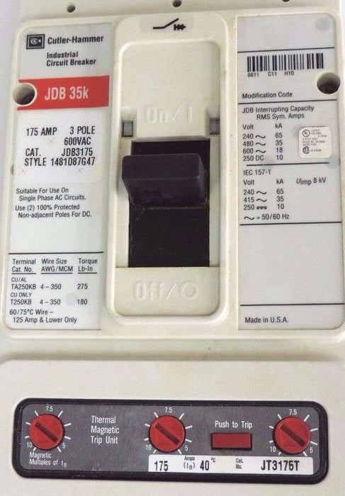 NEW CUTLER-HAMMER JDB3175 CIRCUIT BREAKER JDB 35K STYLE: 1481D87G47, 3-POLE
