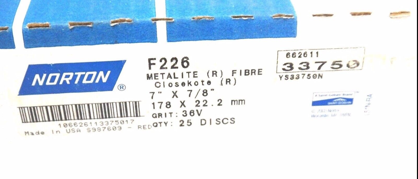 BOX OF 25 NEW NORTON F226 METALITE BALED FLEXI DISCS 33750 7" X 7/8" 36V GRIT