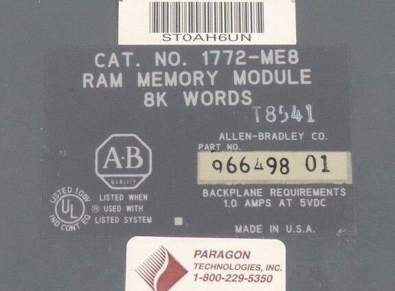 ALLEN BRADLEY 1772-ME8 RAM MEMORY MODULE 8K 966498-01 W/ 960235 REV E1 PC BOARD