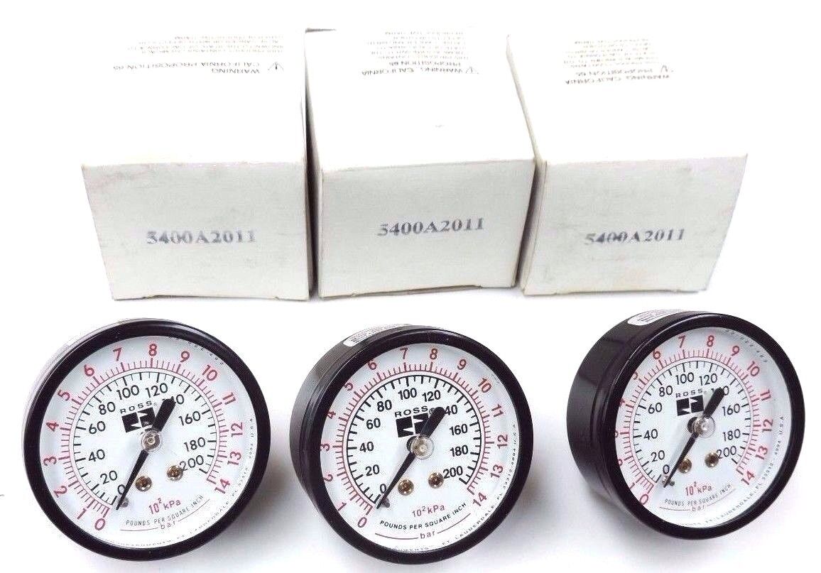 LOT OF 3 NIB ROSS 5400A2011, 1/4'' PRESSURE GAUGES 0-200
