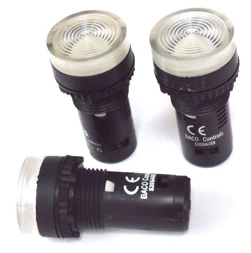 LOT OF 3 BACO CONTROLS S20SA/SB PILOT LIGHTS CLEAR LENSES 120VAC MAX 2.6WATTS