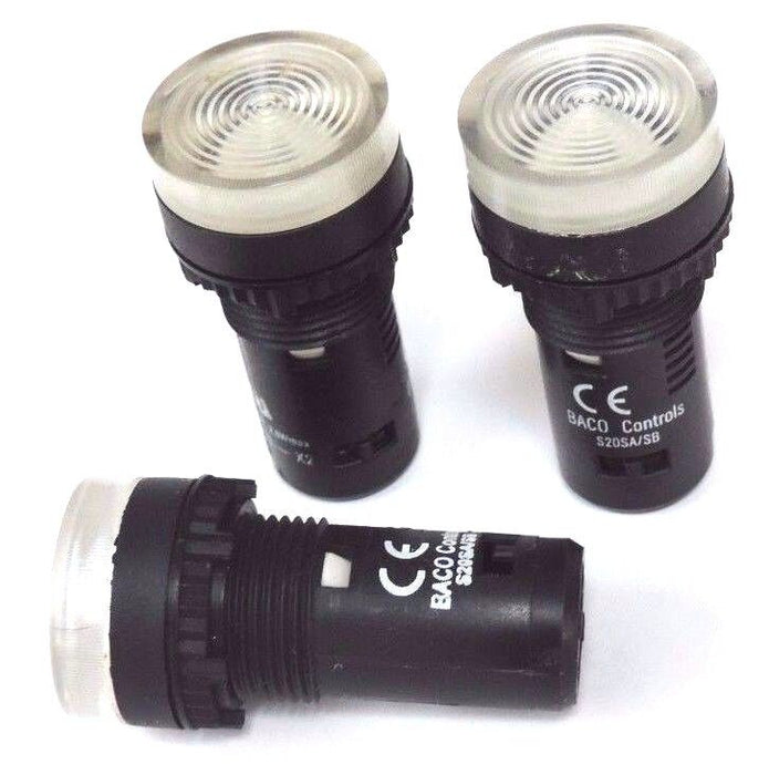 LOT OF 3 BACO CONTROLS S20SA/SB PILOT LIGHTS CLEAR LENSES 120VAC MAX 2.6WATTS