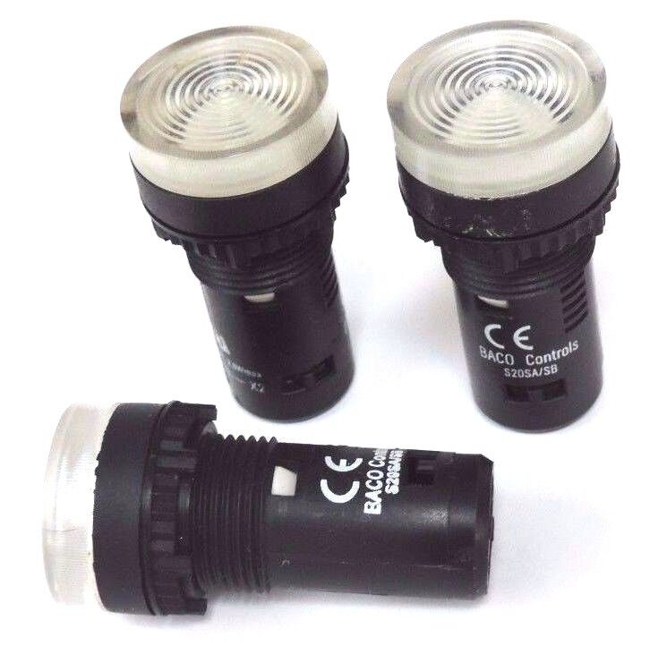 LOT OF 3 BACO CONTROLS S20SA/SB PILOT LIGHTS CLEAR LENSES 120VAC MAX 2.6WATTS