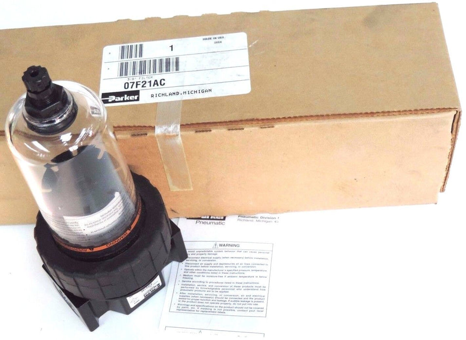 NIB PARKER 07F21AC PNEUMATIC FILTER 150PSI MAX 125F MAX 3/8IN 40MICR