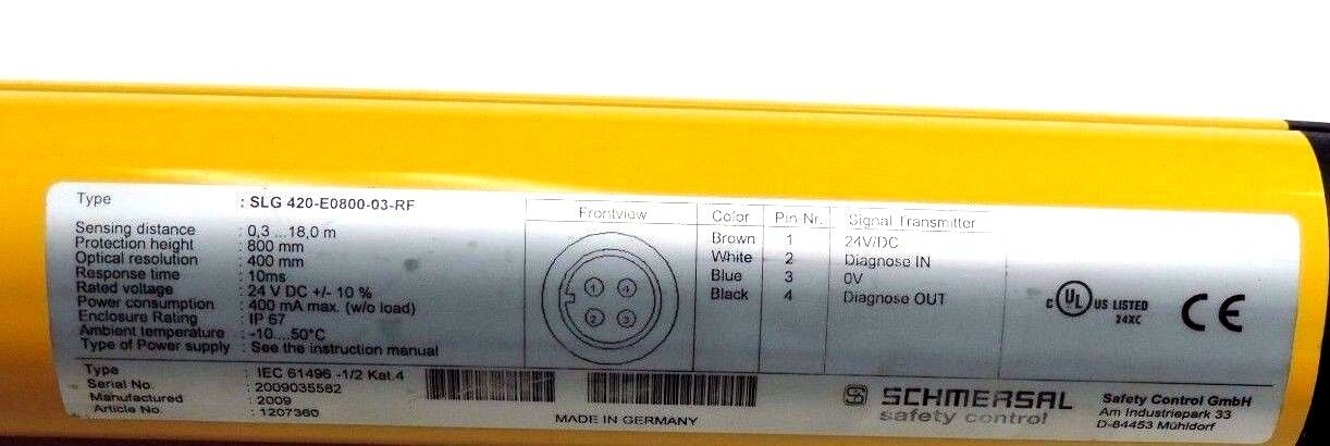 LOT OF SCHMERSAL SLG420 LIGHT CURTAINS SLG 420-R0800-03-RF, SLG 420-E0800-03-RF