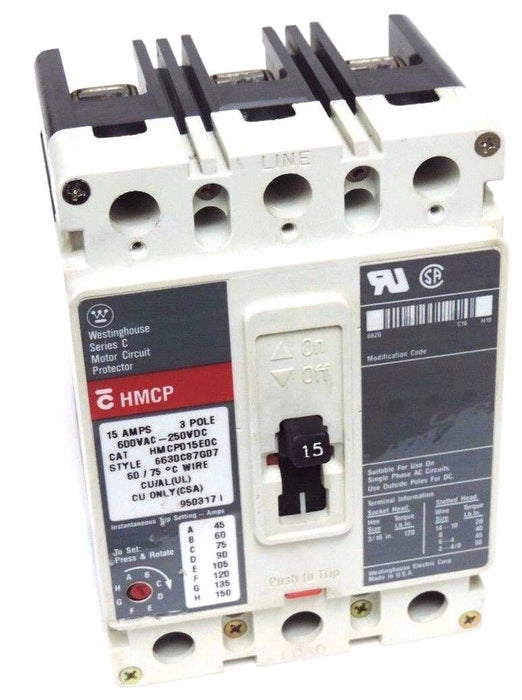 WESTINGHOUSE HMCP015E0C CIRCUIT BREAKER STYLE: 6630C87G07, SER. C, 15AMP, 3-POLE