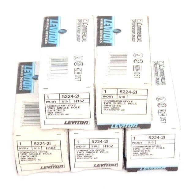 LOT OF 5 NIB LEVITON 5224-2I IVORY DUAL SINGLE POLE SWITCHES 15A