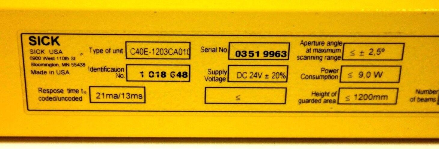 SICK C4000 LIGHT CURTAIN SET RECEIVER & EMITTER C40E-1203CA010 / C40S-1203CA010