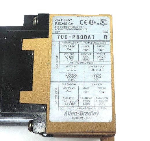 LOT OF 3 ALLEN BRADLEY 700-P800A1 TYPE P CONTROL RELAYS SER B 115-120V/60HZ