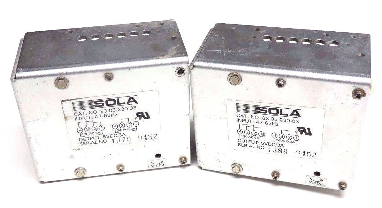 LOT OF 2 SOLA 83-05-230-03 POWER SUPPLY 47/63HZ, 5VDC, 3A, 830523003