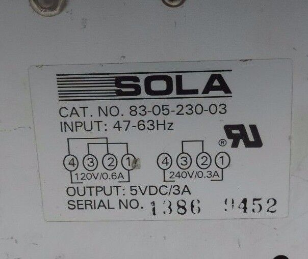 LOT OF 2 SOLA 83-05-230-03 POWER SUPPLY 47/63HZ, 5VDC, 3A, 830523003