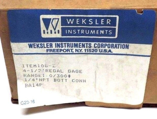 NIB WEKSLER 08-Z REGAL GAUGE 4-1/2" 0-300PSI, 1/4" NPT BOTT CONN.
