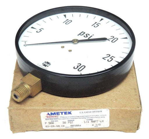 NIB AMETEK P-500 30PSI PRESSURE GAUGE 1/4'' ANPT LH, 4 1/2'' SIZE, 005804, P500