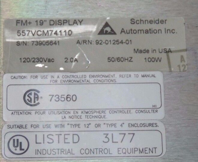 SCHNEIDER AUTOMATION 557VCM74110 OPERATOR INTERFACE FM+ 19" DISPLAY 92-01254-01