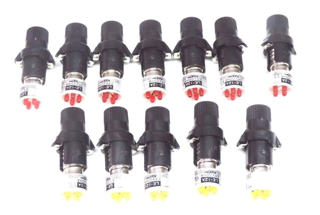 LOT OF 12 KIMUDEN LE-12A LIGHT INDICATORS (7) RED, (5) YELLOW, 24V, 20mA, LE12A