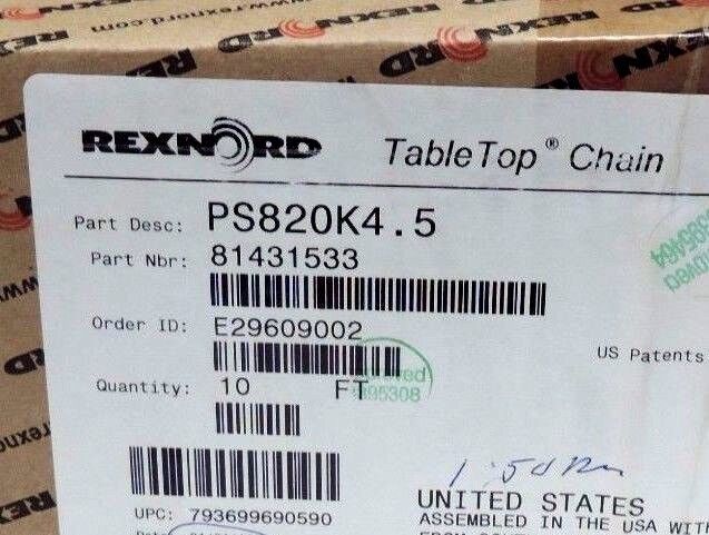 NIB REXNORD PS820K4.5 TABLE TOP CHAIN 10FT LENGTH 4.5" WIDTH 1.5" PITCH