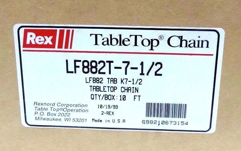 NIB REXNORD LF882T-7-1/2 TABLE TOP CHAIN 10FT LENGTH 7-1/2" WIDTH 1-1/2" PITCH