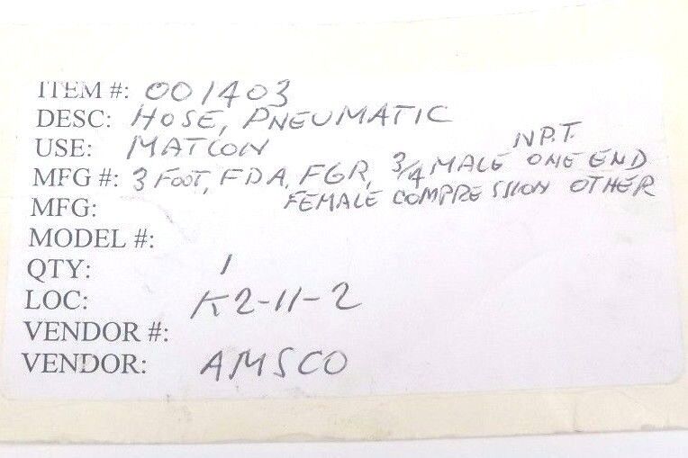 NEW PURE FIT FGR FDA PNEUMATIC HOSE 3/4" MALE X FEMALE COMPRESSION 3FT LENGTH